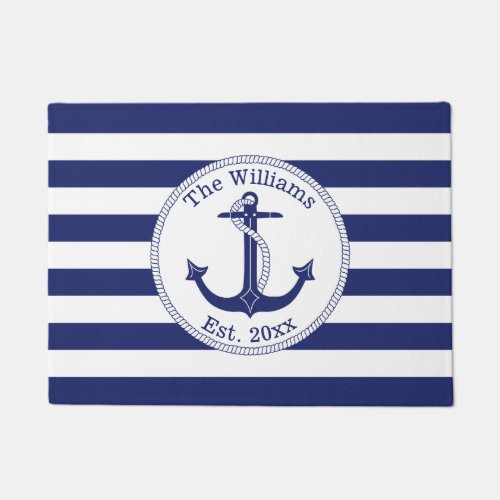 Nautical Anchor Navy Stripes Family Name 18 x 24 Doormat