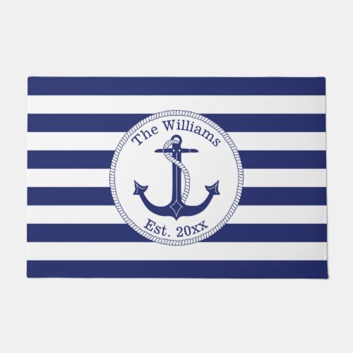 Nautical Anchor Navy Stripes Family Name 24 x 36 Doormat
