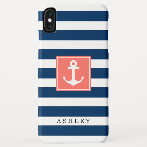 Nautical Anchor Navy Stripes Pattern Monogram Name iPhone XS Max Case