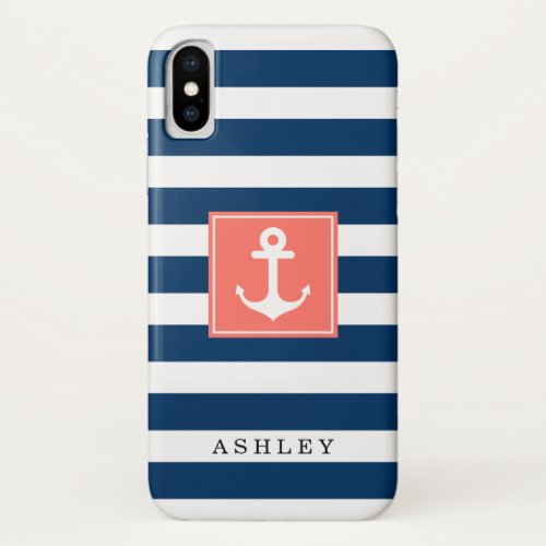 Nautical Anchor Navy Stripes Pattern Monogram Name iPhone XS Case