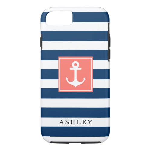 Nautical Anchor Navy Stripes Pattern Monogram Name iPhone 87 Case