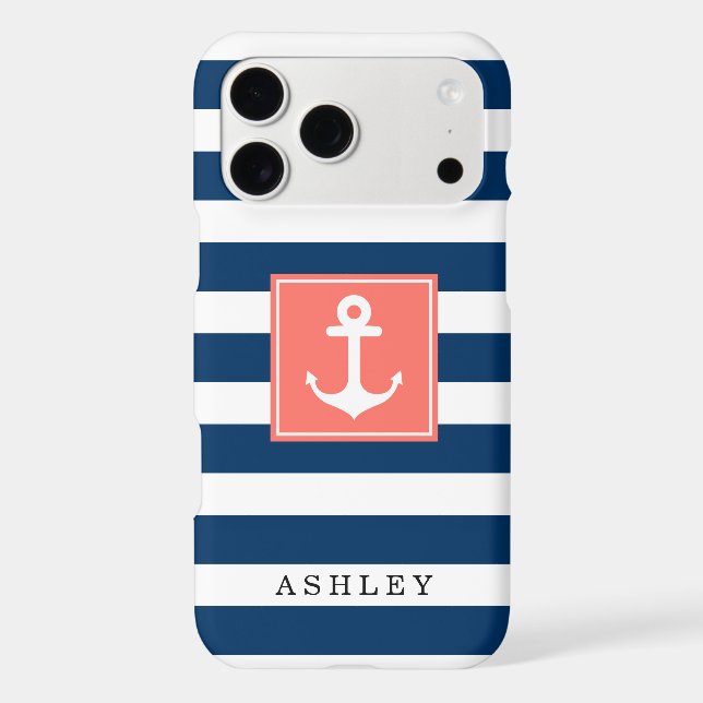 Nautical Anchor Navy Stripes Pattern Monogram Name Iphone Case (Back)