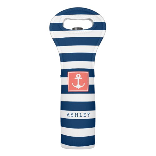 Nautical Anchor Navy Stripes Pattern Monogram Name Wine Bag