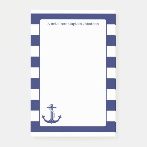 Nautical Anchor Navy Stripes Personalized 4 x 6 Post_it Notes