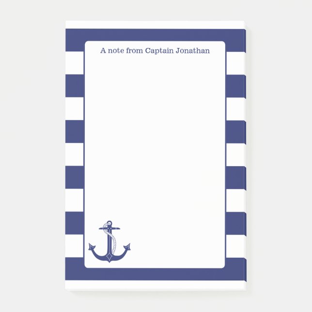 Nautical Anchor Navy Stripes Personalized 4 x 6 Post-it Notes (Front)