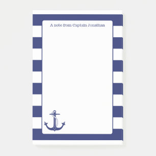Nautical Anchor Navy Stripes Personalized 4 x 6 Post-it Notes
