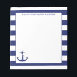 Nautical Anchor Navy Stripes Personalized 5.5 x 6 Notepad<br><div class="desc">Personalize these nautical themed notes with your own text.  Design features an anchor and rope drawing with a navy blue striped border.</div>
