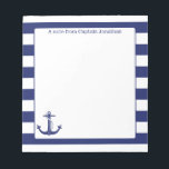 Nautical Anchor Navy Stripes Personalized 5.5 x 6 Notepad<br><div class="desc">Personalize these nautical themed notes with your own text.  Design features an anchor and rope drawing with a navy blue striped border.</div>