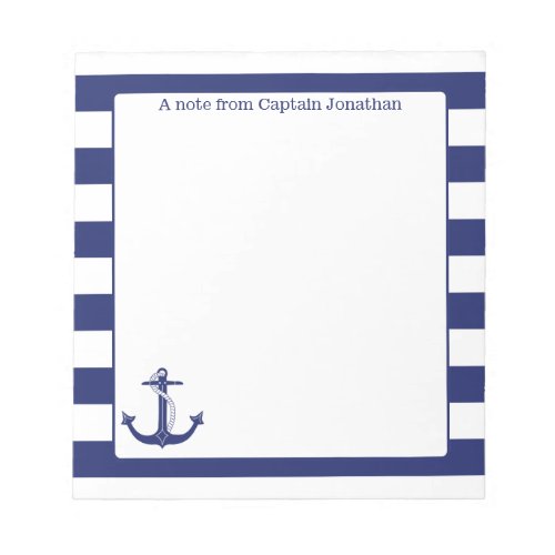 Nautical Anchor Navy Stripes Personalized 55 x 6 Notepad