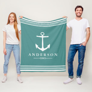 Nautical Anchor Navy Teal & White Stripes Fleece Blanket