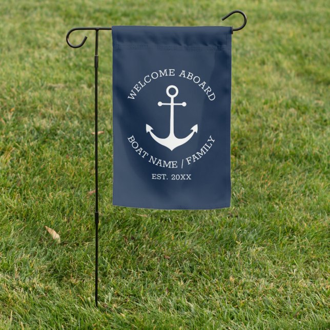 Nautical anchor navy Welcome Aboard custom text Garden Flag (In SItu)