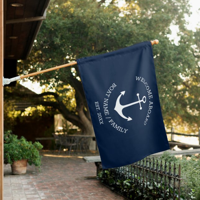 Nautical anchor navy Welcome Aboard Custom text House Flag (In SItu)