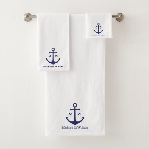 Nautical anchor navy white custom monogram  names bath towel set