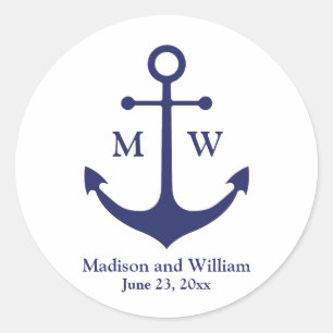 Nautical anchor navy white custom monogram & names classic round sticker