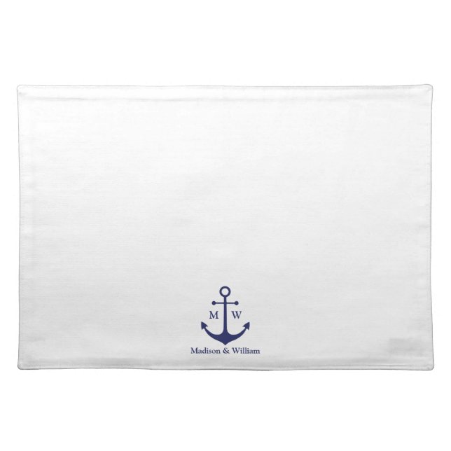 Nautical anchor navy white custom monogram & names cloth placemat (Front)