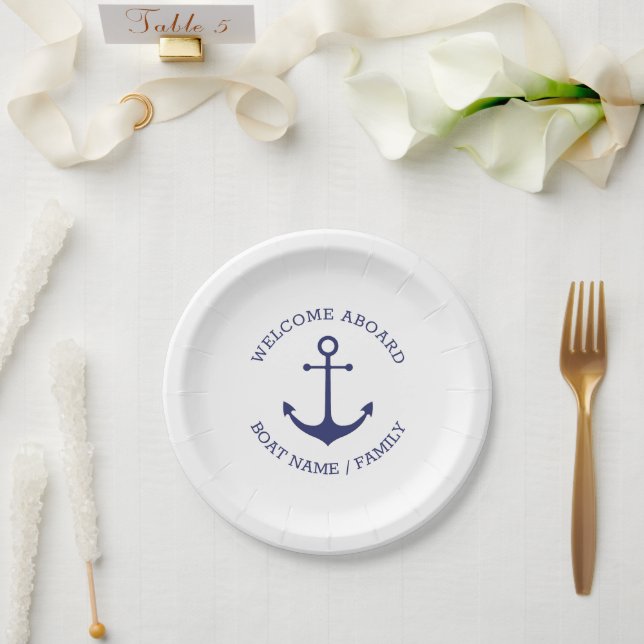 Nautical anchor navy white Custom Welcome Aboard Paper Plates (Wedding)