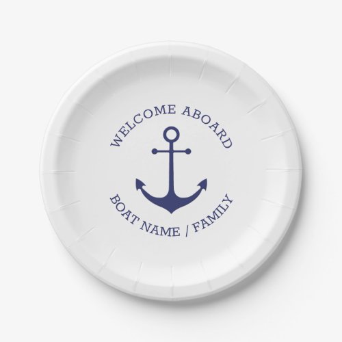 Nautical anchor navy white Custom Welcome Aboard Paper Plates