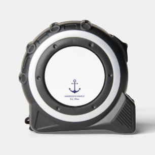 Nautical anchor navy white family name and date tape measure