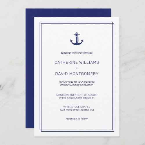 Nautical Anchor Navy  White Minimalist Wedding Invitation