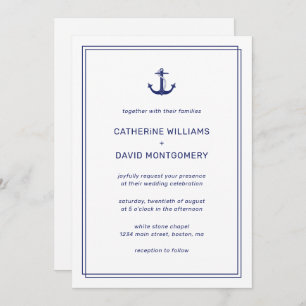 Nautical Anchor Navy & White Minimalist Wedding Invitation