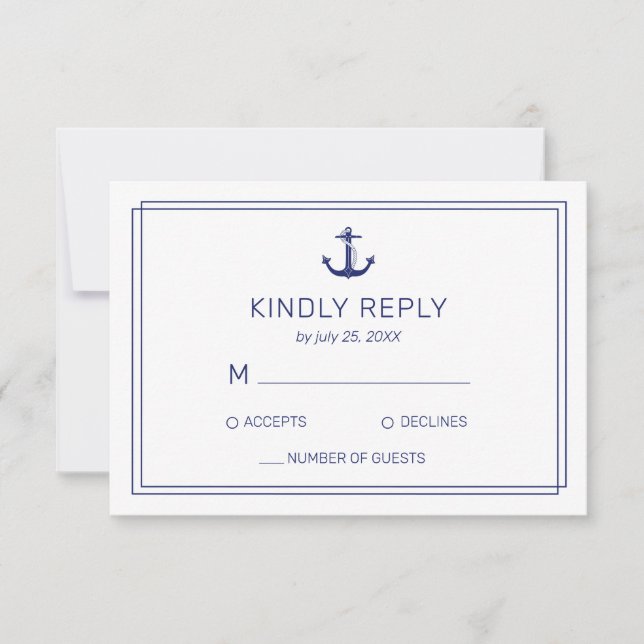 Nautical Anchor Navy & White Minimalist Wedding RSVP Card (Front)