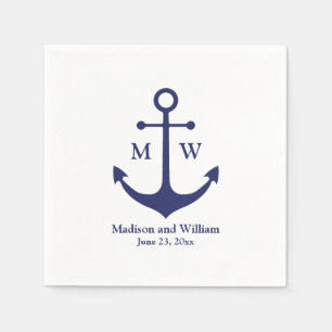 Nautical anchor navy white monogram names date napkins
