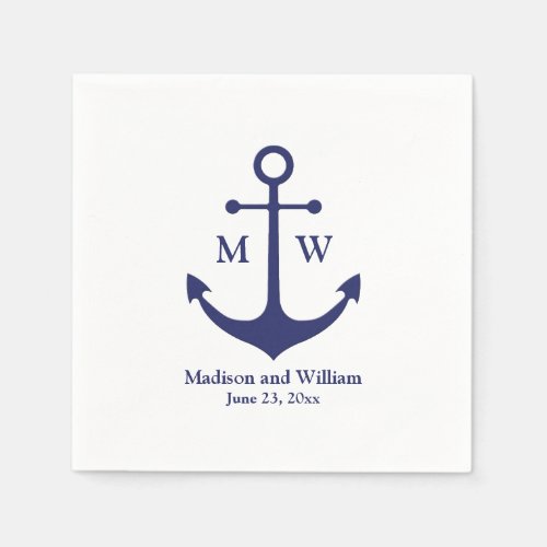 Nautical anchor navy white monogram names date napkins