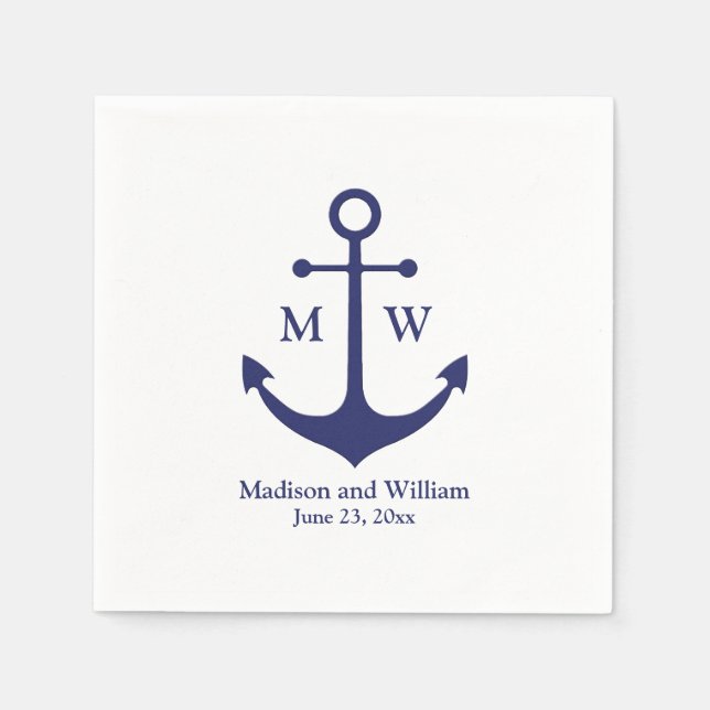 Nautical anchor navy white monogram names date napkins (Front)