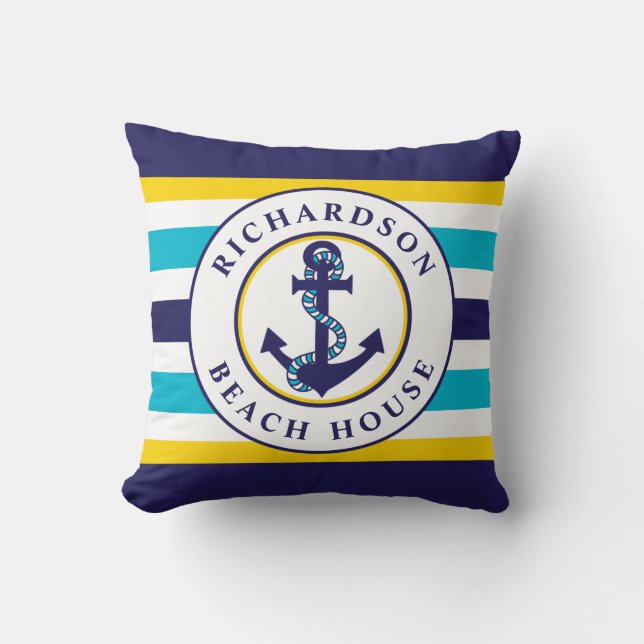 Nautical Anchor Navy Yellow Aqua Blue Stripes Name Throw Pillow (Front)