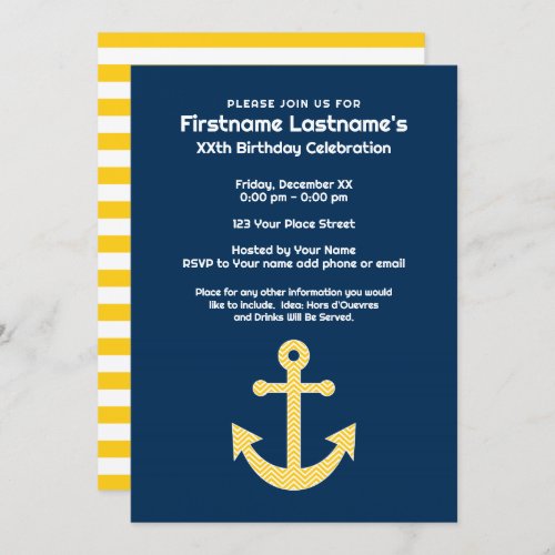 Nautical Anchor Navy Yellow Birthday Party Invitation