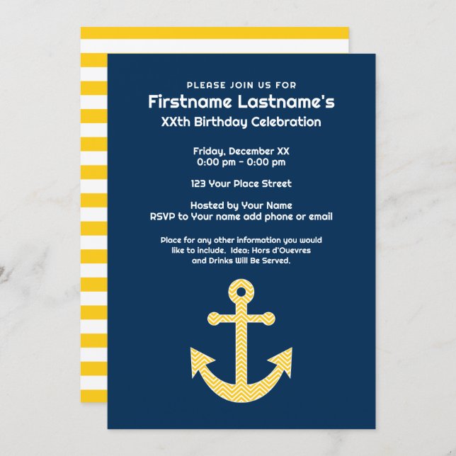 Nautical Anchor Navy Yellow Birthday Party Invitation (Front/Back)