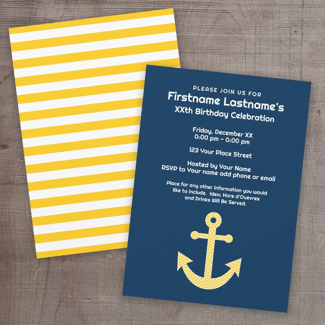Nautical Anchor Navy Yellow Birthday Party Invitation (Custom Nautical Party Invitation)