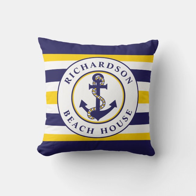 Nautical Anchor Navy Yellow Stripes Family Name Throw Pillow (Front)