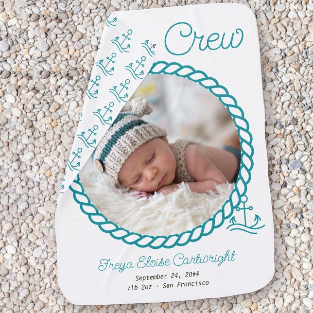 Nautical Anchor New to the Crew Newborn Photo Teal Baby Blanket (New to the Crew nautical baby blanket in teal and white with anchor and rope decoration)