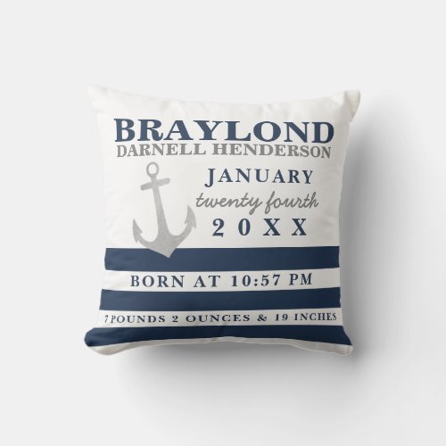 Nautical Anchor Nursery Birth Stats Pillow