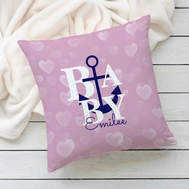 Nautical Anchor Nursery Decor Pink Navy Throw Pillow (Creator Uploaded)