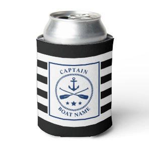 Nautical Anchor Oar Captain Boat Name Black Stripe Can Cooler