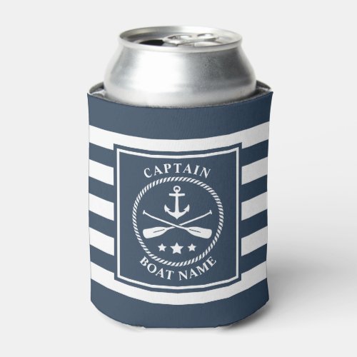 Nautical Anchor Oar Captain Boat Name Blue Stripe Can Cooler