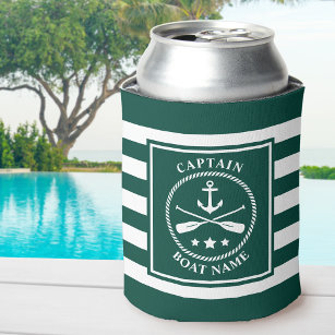 Nautical Anchor Oar Captain Boat Name Green Stripe Can Cooler