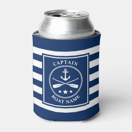 Nautical Anchor Oar Captain Boat Name Navy Stripes Can Cooler
