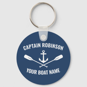 Nautical Anchor Oars Captain and Boat Name Blue Keychain