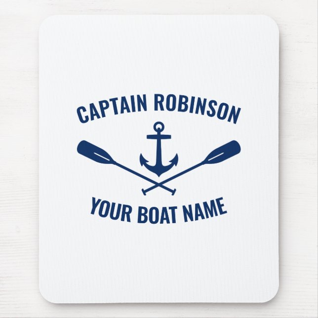 Nautical Anchor Oars Captain and Boat Name Blue Mouse Pad (Front)