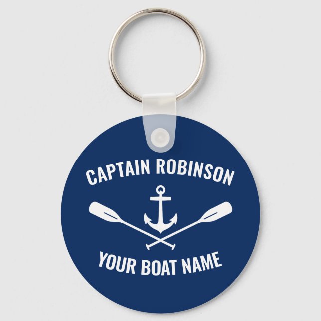 Nautical Anchor Oars Captain and Boat Name Navy Keychain (Front)