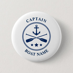 Nautical Anchor Oars Captain Boat Name Navy Blue Button