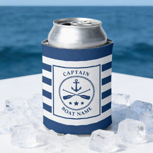Nautical Anchor Oars Captain Boat Name Navy Stripe Can Cooler