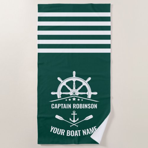 Nautical Anchor  Oars Captain or Boat Name Green Beach Towel