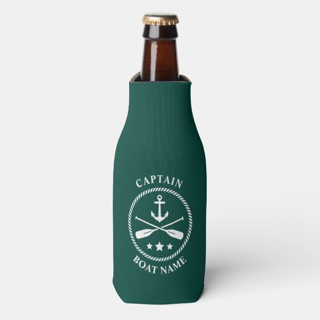 Nautical Anchor Oars Captain Your Boat Name Green Bottle Cooler (Bottle Front)