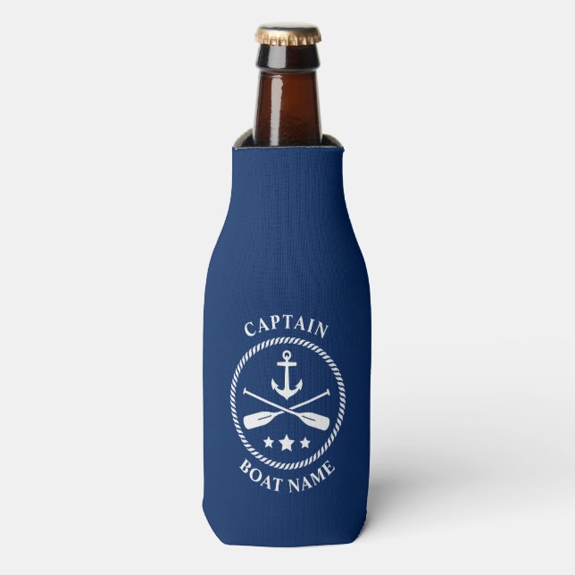 Nautical Anchor Oars Captain Your Boat Name Navy Bottle Cooler (Bottle Front)