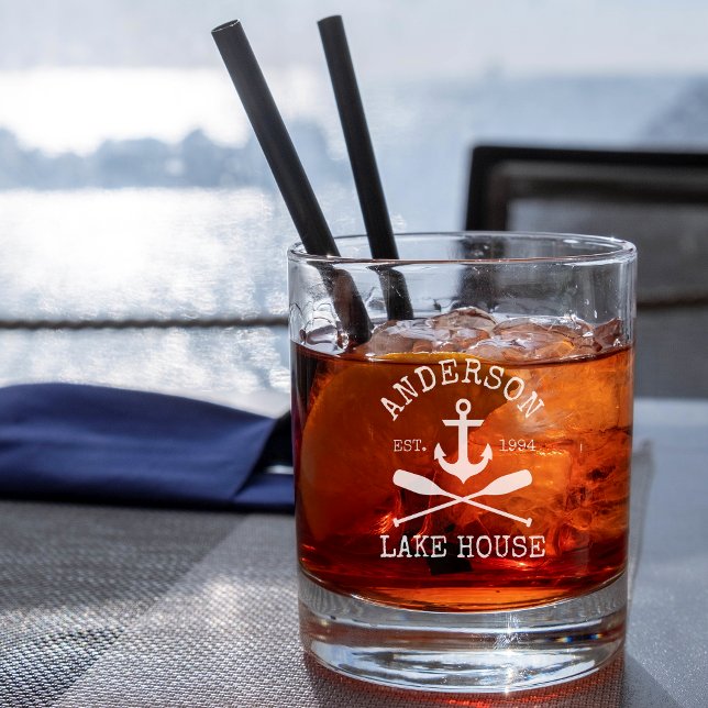 Nautical Anchor Oars Family Lake House Etched Rocks Glass (Customize to change text size or text style.)