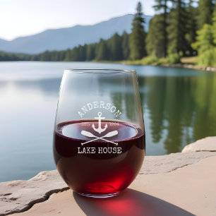 Nautical Anchor Oars Family Lake House Etched Stemless Wine Glass